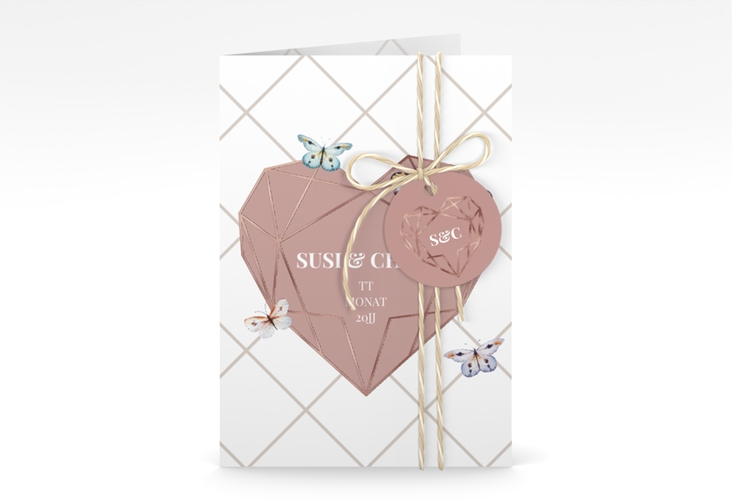 Einladungskarte Hochzeit Butterfly A6 Klappkarte hoch rosegold mit Schmetterlingen und Herz im Geometric Design