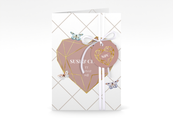 Einladungskarte Hochzeit Butterfly A6 Klappkarte hoch gold mit Schmetterlingen und Herz im Geometric Design
