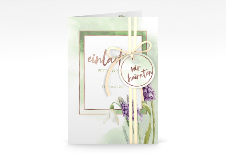 Einladungskarte Hochzeit Frühling A6 Klappkarte hoch rosegold mit Frühlingsblumen in Aquarell