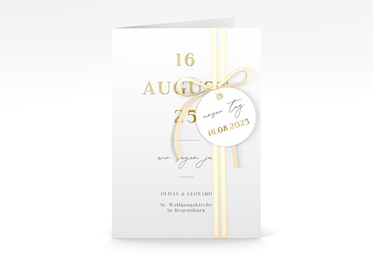 Einladungskarte Hochzeit Authentisch A6 Klappkarte hoch gold in schlichtem Design mit großem Hochzeitsdatum
