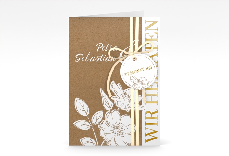 Einladungskarte Hochzeit Windflower A6 Klappkarte hoch gold mit Wildrosen