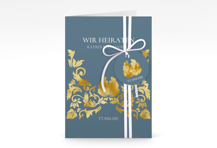 Einladungskarte Hochzeit Royal A6 Klappkarte hoch gold mit barockem Blumen-Ornament