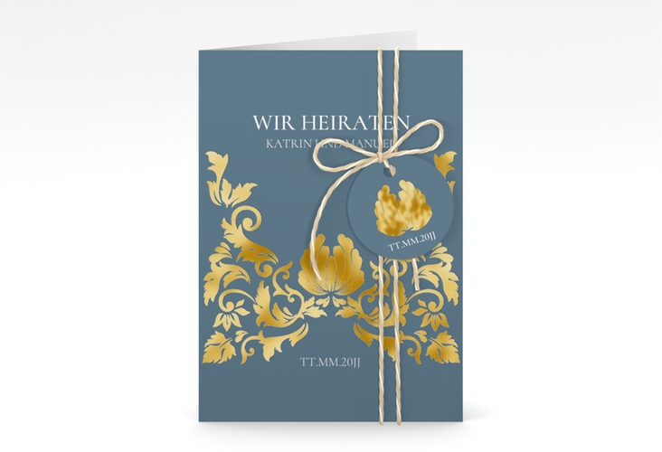 Einladungskarte Hochzeit Royal A6 Klappkarte hoch gold mit barockem Blumen-Ornament