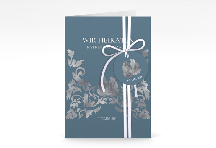 Einladungskarte Hochzeit Royal A6 Klappkarte hoch silber mit barockem Blumen-Ornament