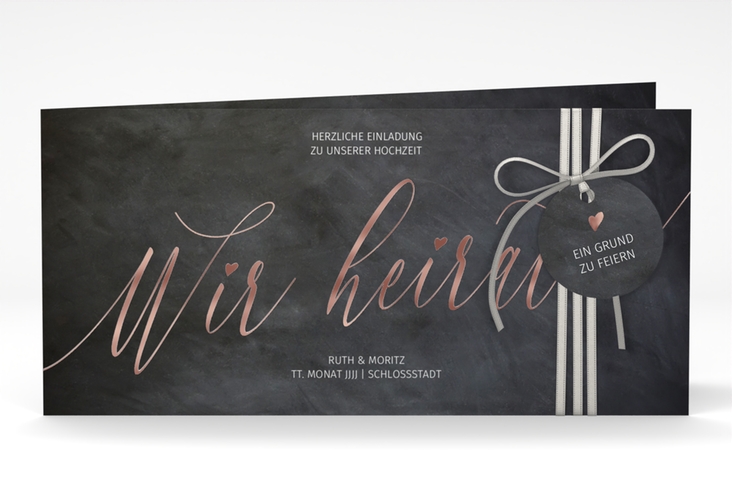 Hochzeitseinladung Chalkboard lange Klappkarte quer rosegold mit Folienveredelung