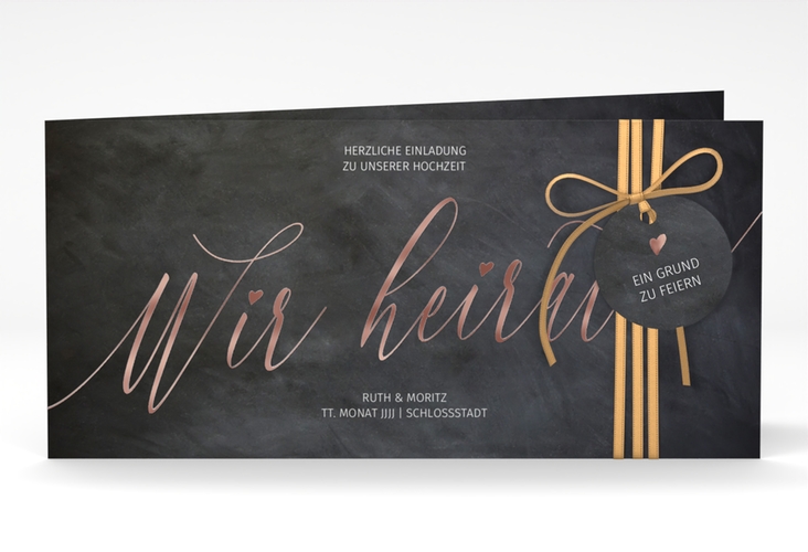 Hochzeitseinladung Chalkboard lange Klappkarte quer rosegold mit Folienveredelung