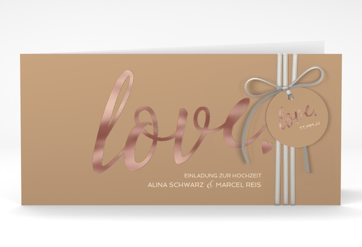 Hochzeitseinladung Glam lange Klappkarte quer rosegold