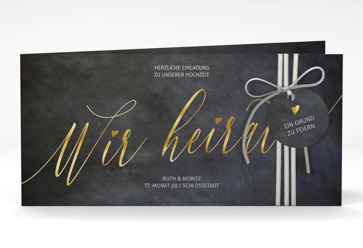 Hochzeitseinladung Chalkboard lange Klappkarte quer gold mit Folienveredelung