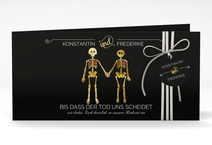 Hochzeitseinladung Bones lange Klappkarte quer gold