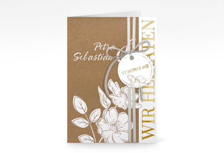 Einladungskarte Hochzeit Windflower A6 Klappkarte hoch gold mit Wildrosen