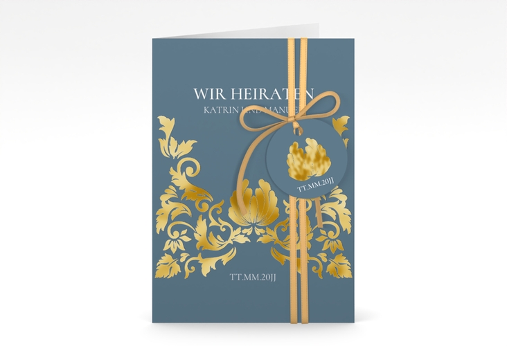 Einladungskarte Hochzeit Royal A6 Klappkarte hoch gold mit barockem Blumen-Ornament