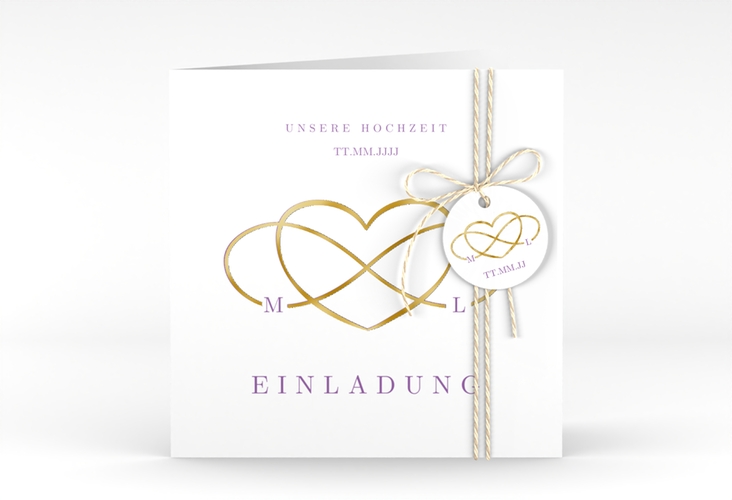 Hochzeitseinladung Infinity quadr. Klappkarte lila gold