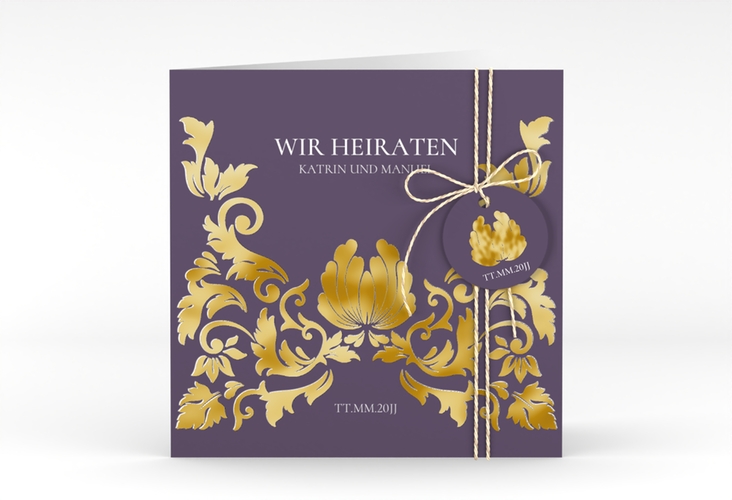 Hochzeitseinladung Royal quadr. Klappkarte lila gold mit barockem Blumen-Ornament