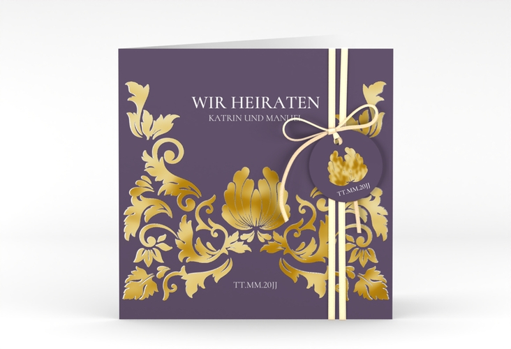 Hochzeitseinladung Royal quadr. Klappkarte lila gold mit barockem Blumen-Ornament