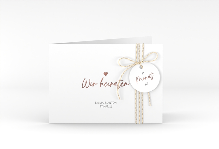 Hochzeitseinladung Herzschlag A6 Klappkarte quer rosegold schlicht und elegant mit Herzchen