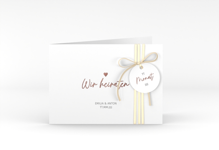 Hochzeitseinladung Herzschlag A6 Klappkarte quer rosegold schlicht und elegant mit Herzchen