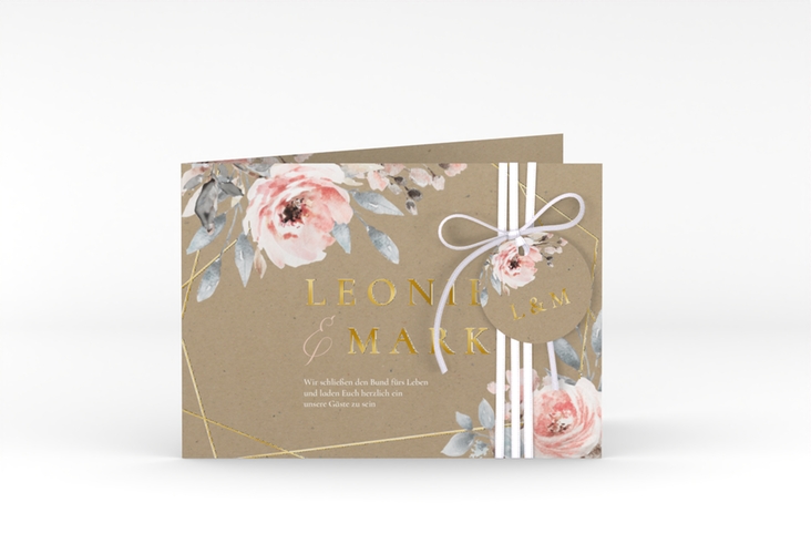 Hochzeitseinladung Perfection A6 Klappkarte quer gold mit rosa Rosen