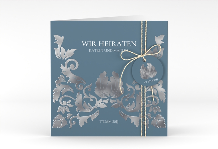 Hochzeitseinladung Royal quadr. Klappkarte blau silber mit barockem Blumen-Ornament