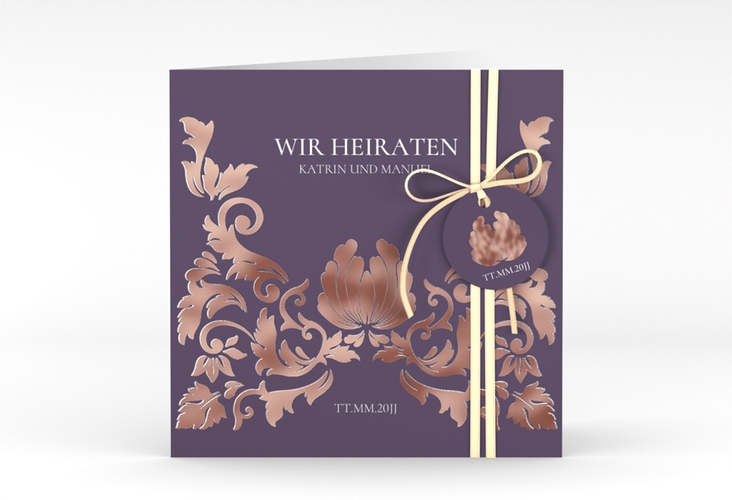 Hochzeitseinladung Royal quadr. Klappkarte lila rosegold mit barockem Blumen-Ornament