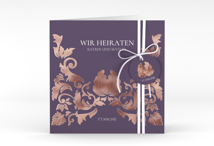 Hochzeitseinladung Royal quadr. Klappkarte lila rosegold mit barockem Blumen-Ornament