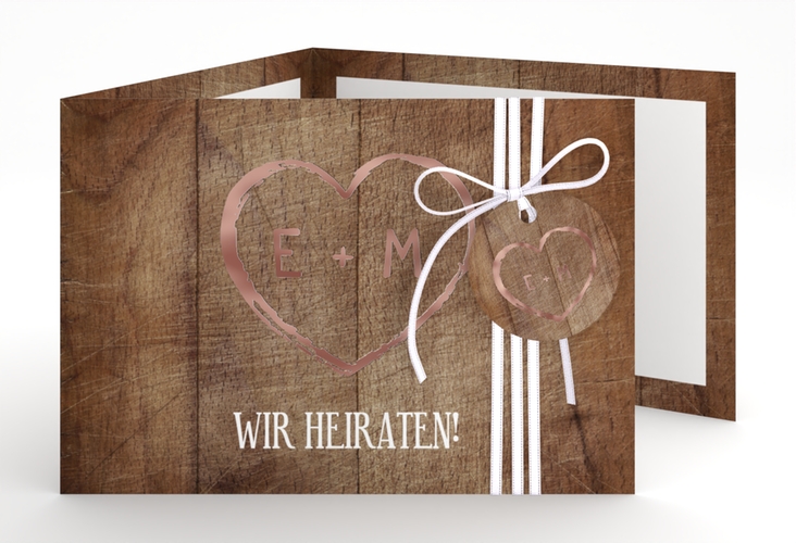 Hochzeitseinladung Wood A6 Doppel-Klappkarte rosegold