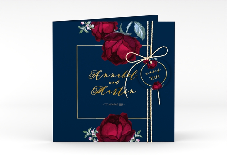 Hochzeitseinladung Peonies quadr. Klappkarte blau gold elegant mit Pfingstrosen