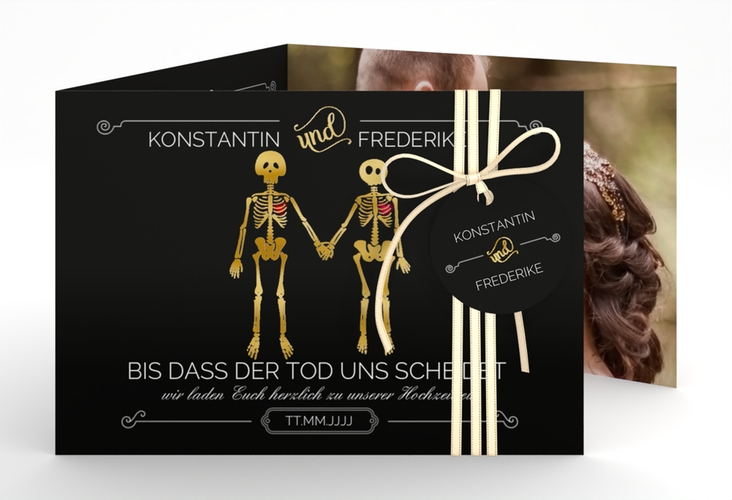 Hochzeitseinladung Bones A6 Doppel-Klappkarte gold