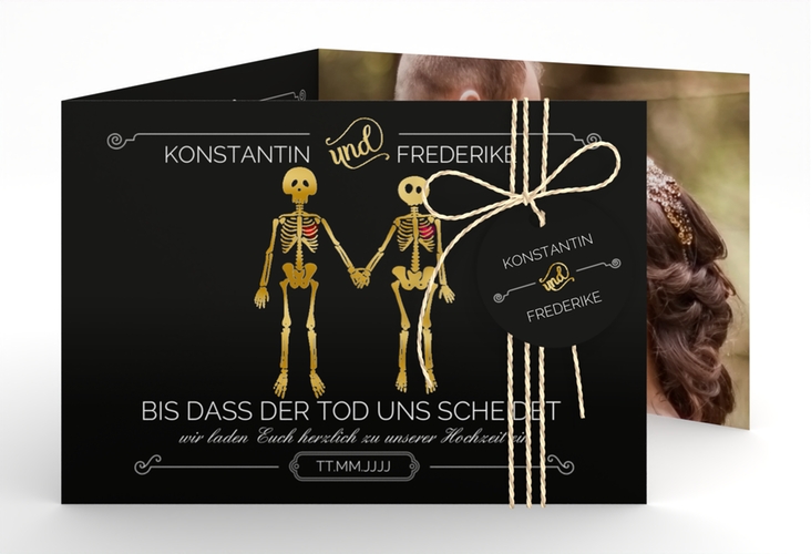 Hochzeitseinladung Bones A6 Doppel-Klappkarte gold