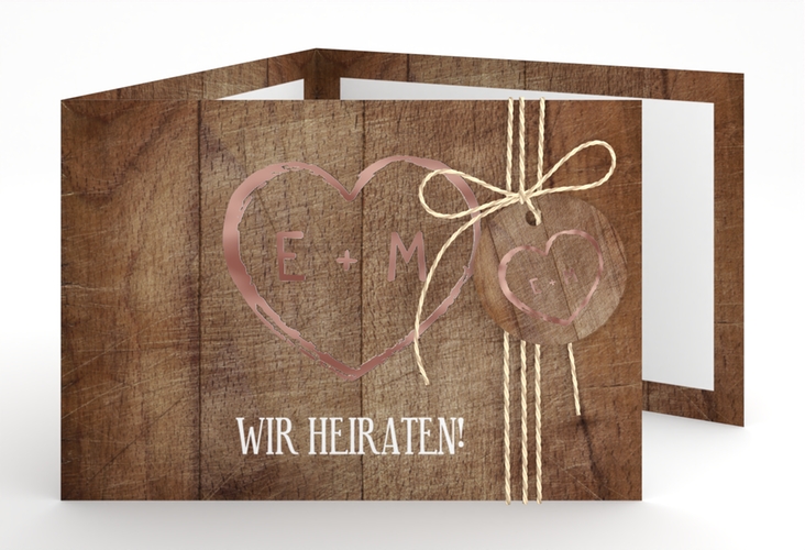 Hochzeitseinladung Wood A6 Doppel-Klappkarte rosegold