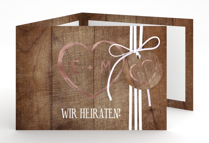 Hochzeitseinladung Wood A6 Doppel-Klappkarte rosegold