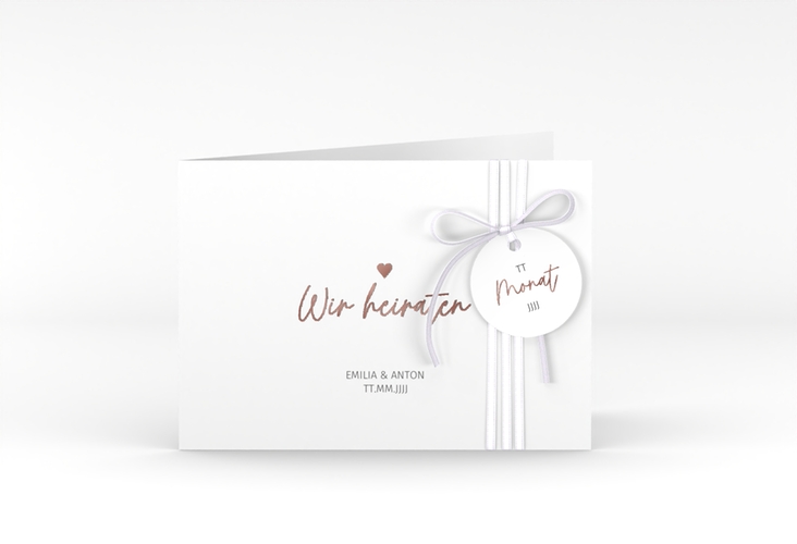 Hochzeitseinladung Herzschlag A6 Klappkarte quer rosegold schlicht und elegant mit Herzchen