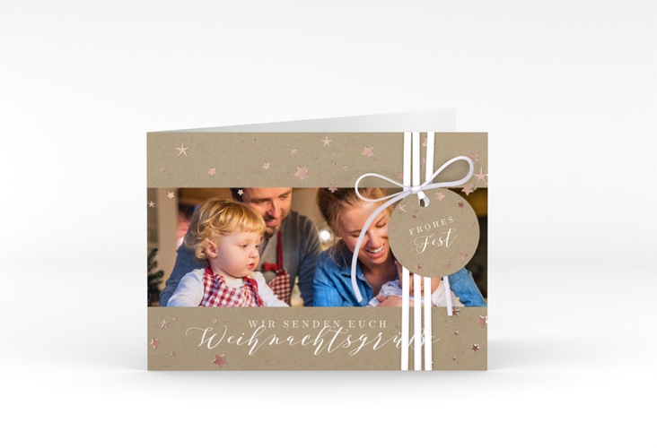 Weihnachtskarte Sternennacht A6 Klappkarte quer rosegold mit Sternchen und Familienfoto