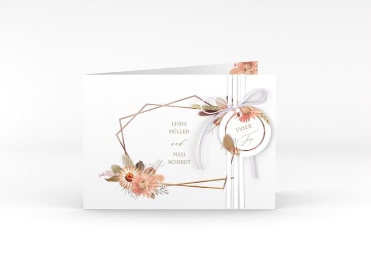 Hochzeitseinladung Strohblume A6 Klappkarte quer rosegold