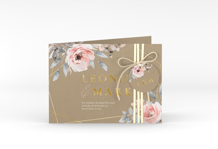 Hochzeitseinladung Perfection A6 Klappkarte quer gold mit rosa Rosen