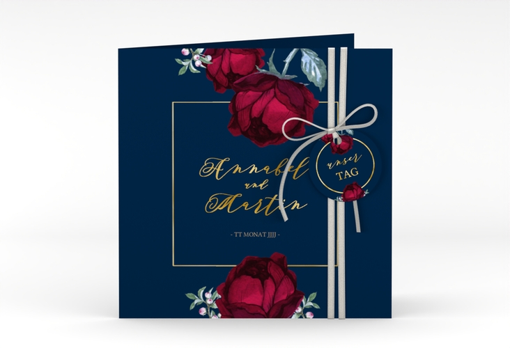 Hochzeitseinladung Peonies quadr. Klappkarte blau gold elegant mit Pfingstrosen