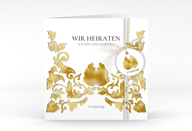 Hochzeitseinladung Royal quadr. Klappkarte weiss gold mit barockem Blumen-Ornament