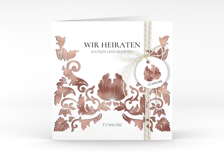 Hochzeitseinladung Royal quadr. Klappkarte weiss rosegold mit barockem Blumen-Ornament