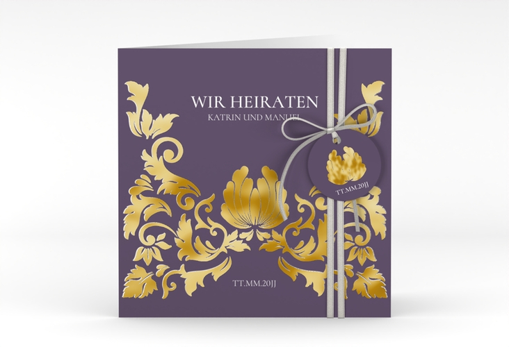 Hochzeitseinladung Royal quadr. Klappkarte lila gold mit barockem Blumen-Ornament