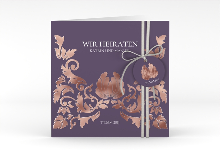 Hochzeitseinladung Royal quadr. Klappkarte lila rosegold mit barockem Blumen-Ornament