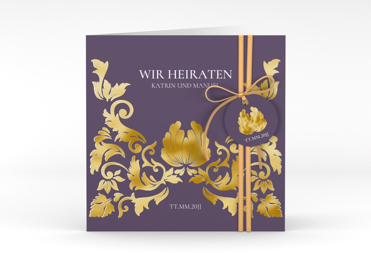 Hochzeitseinladung Royal quadr. Klappkarte lila gold mit barockem Blumen-Ornament