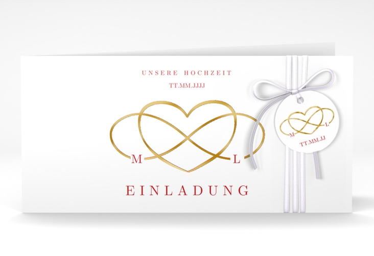 Hochzeitseinladung Infinity lange Klappkarte quer rot gold