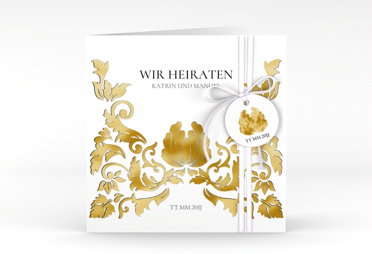 Hochzeitseinladung Royal quadr. Klappkarte weiss gold mit barockem Blumen-Ornament