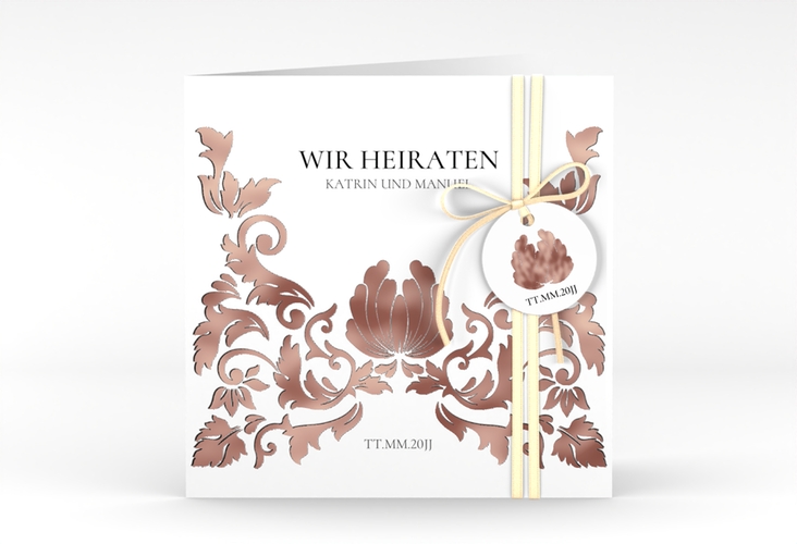 Hochzeitseinladung Royal quadr. Klappkarte weiss rosegold mit barockem Blumen-Ornament