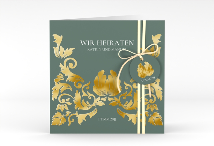 Hochzeitseinladung Royal quadr. Klappkarte gruen gold mit barockem Blumen-Ornament