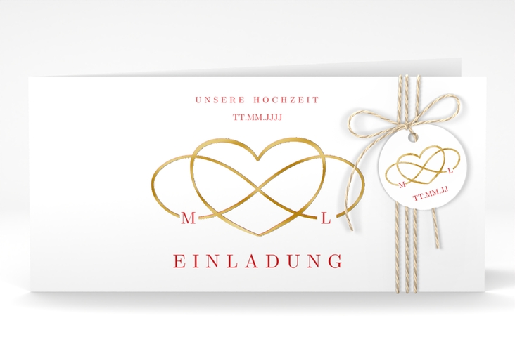 Hochzeitseinladung Infinity lange Klappkarte quer rot gold