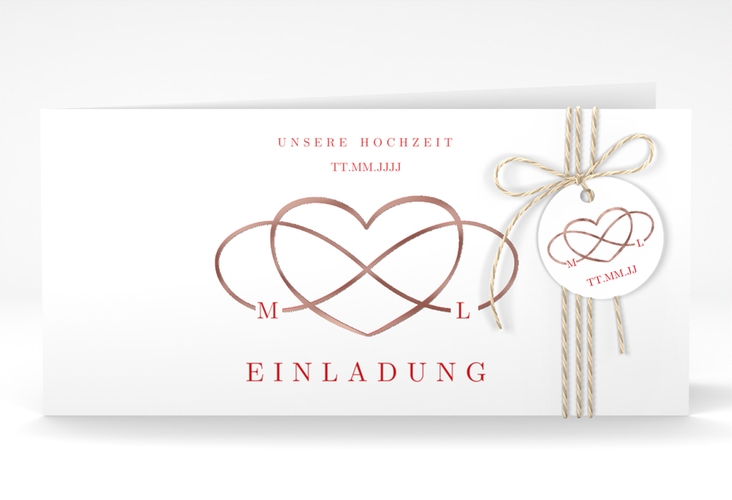 Hochzeitseinladung Infinity lange Klappkarte quer rot rosegold