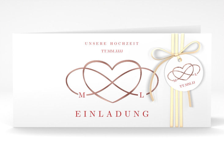 Hochzeitseinladung Infinity lange Klappkarte quer rot rosegold