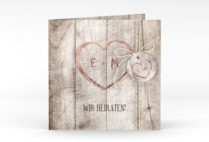 Hochzeitseinladung Wood quadr. Klappkarte weiss rosegold in Holz-Optik mit Herz und Initialen