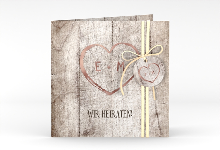 Hochzeitseinladung Wood quadr. Klappkarte weiss rosegold in Holz-Optik mit Herz und Initialen