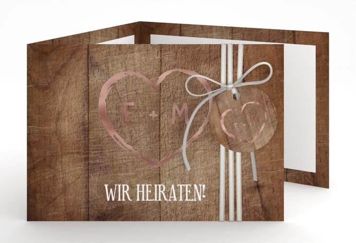 Hochzeitseinladung Wood A6 Doppel-Klappkarte rosegold